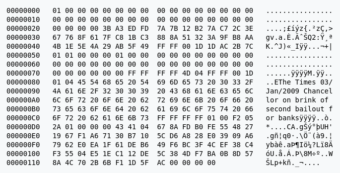 The raw hex version of the Genesis block.