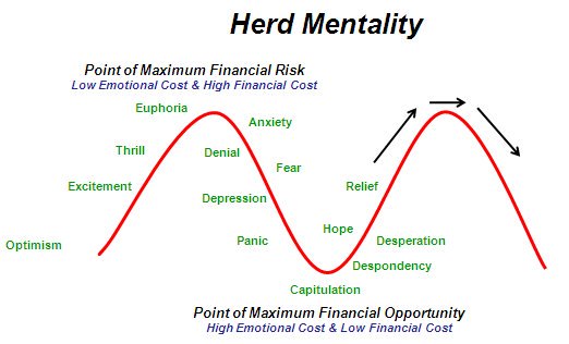 Graph depicting "Herd Mentality" with emotional states and financial cost/opportunity points labeled along a sine wave. Key points in crypto trading are highlighted: maximum financial risk and opportunity.