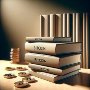 A stack of books titled "Bitcoin" is on a table next to several Bitcoin coins and a stack of books in the background.