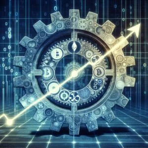 Depiction of a large gear with cryptocurrency symbols on it, surrounded by digital elements and an upward trending arrow, representing blockchain technology, financial growth, and sophisticated crypto charting.