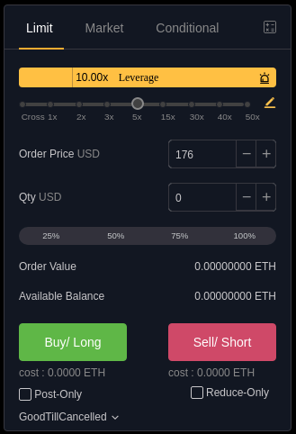 A crypto trading interface showing limit order options with adjustable leverage, order price, quantity, and buttons for 'Buy/Long' and 'Sell/Short'.