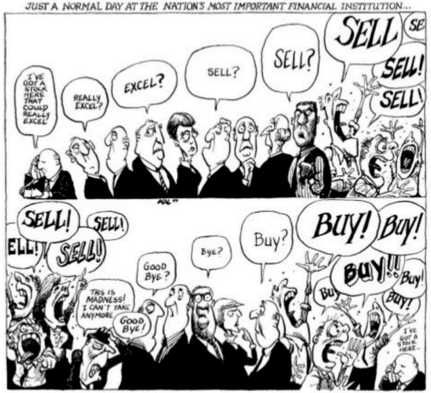 A two-panel comic showing chaotic scenes on a trading floor. In the top panel, traders are frantically shouting "Sell!" and "Excel!" as crypto trading takes a dive. In the bottom panel, they switch to shouting "Buy!" amidst confusion and rapid market shifts.