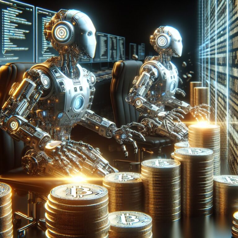 Two crypto trading bots sit in front of computer screens with code, stacking piles of Bitcoin coins. The background includes more monitors displaying data in a high-tech environment.
