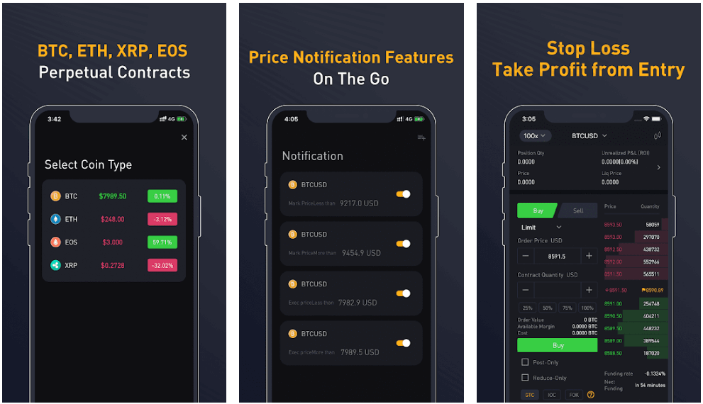 A mobile app interface for a crypto trading app, featuring cryptocurrency trading capabilities, including selecting coin types, price notifications, and stop loss/take profit options.