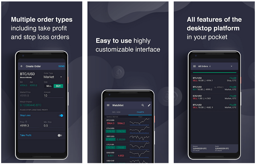 A crypto trading app interface showing multiple order types, a customizable user interface, and features identical to the desktop platform, displayed on a smartphone screen.