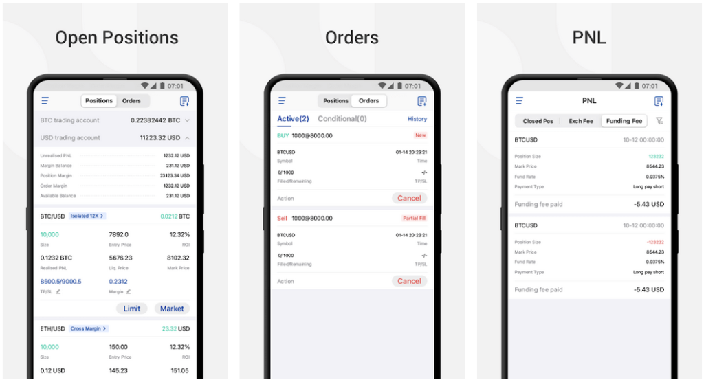 A mobile crypto trading app interface showing three tabs: Open Positions, Orders, and PNL. Each tab displays various details related to cryptocurrency trading, including positions, orders, and profit and loss summaries.