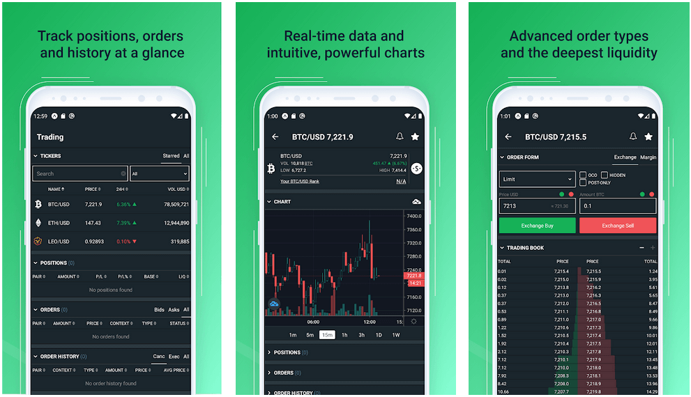 Three smartphone screens displaying a crypto trading app with features for tracking positions and orders, viewing real-time data with charts, and using advanced order types.