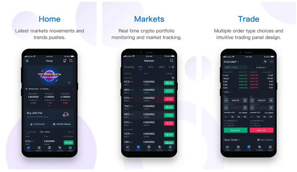 Three smartphone screens displaying a Crypto Trading App. The screens show sections labeled "Home," "Markets," and "Trade," featuring market updates, portfolio tracking, and trading options.