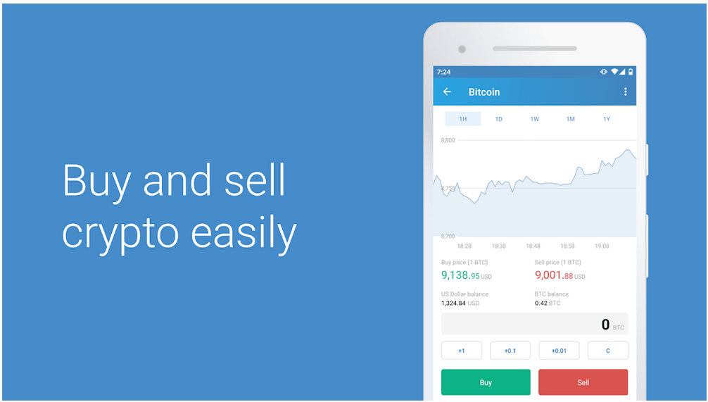 A mobile app screen showing a Bitcoin trading interface with options to buy and sell cryptocurrency. Text reads, "Buy and sell crypto easily with our Crypto Trading App.