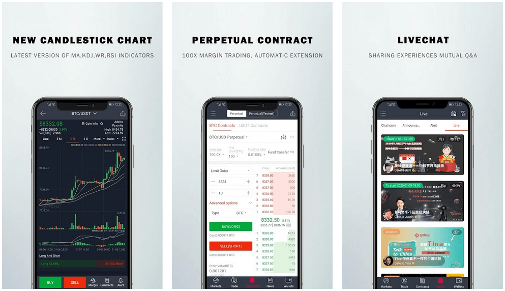 Three smartphone screens display various features of the Crypto Trading App: a detailed candlestick chart, perpetual contract details with 100x margin trading, and a live chat where users discuss trading strategies.