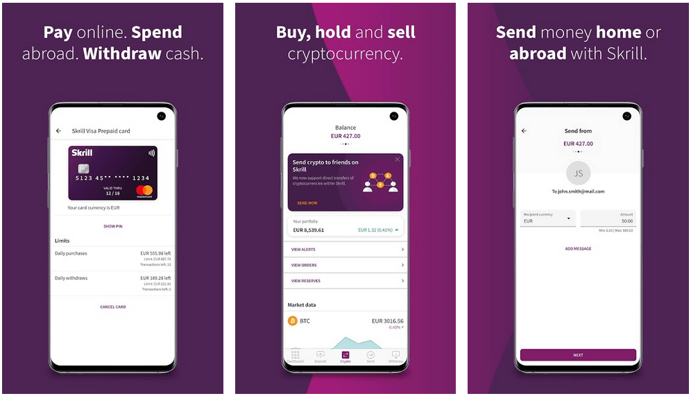 Three phone screen displays exemplify the Skrill app's capabilities: online payment and cash withdrawal, cryptocurrency transactions, and sending money domestically or abroad. It’s a comprehensive crypto trading app that offers seamless functionality for all your financial needs.