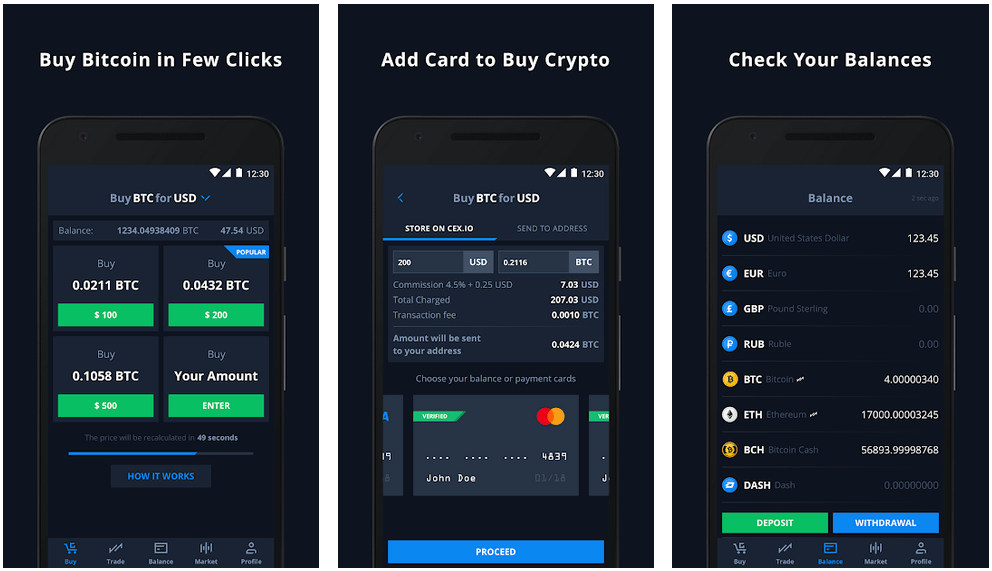 Three smartphone screens showcasing a crypto trading app. The first screen displays options to buy Bitcoin, the second allows users to add a card for crypto purchases, and the third provides a balance overview in multiple currencies.