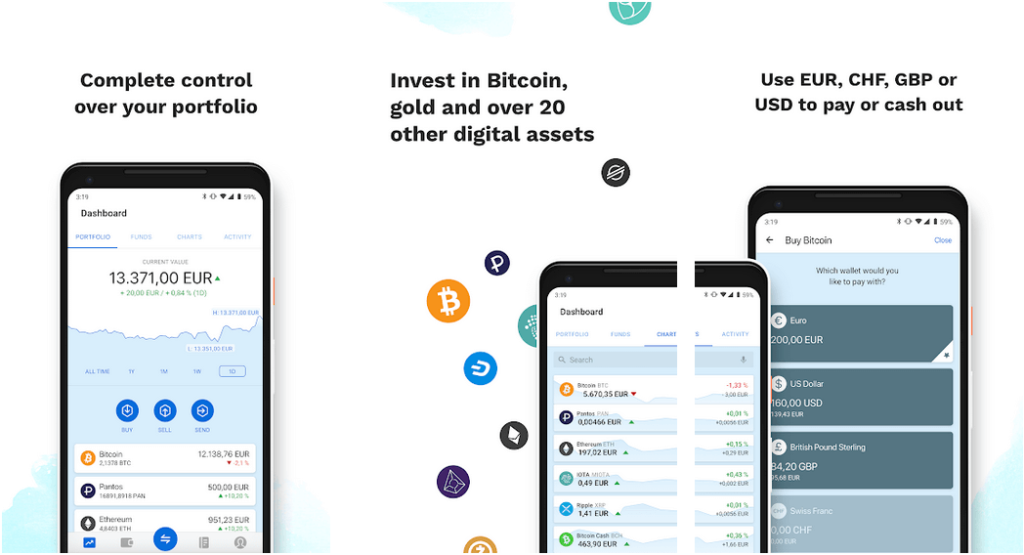 A Crypto Trading App showing options to monitor cryptocurrency portfolios, invest in various digital assets like Bitcoin and gold, and use different currencies like EUR, CHF, GBP, or USD for transactions.