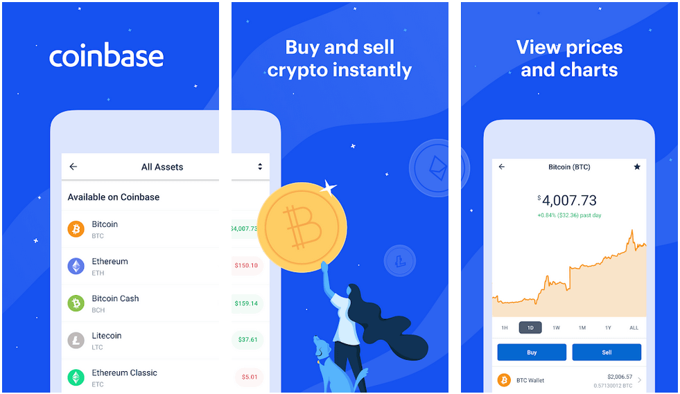 A screenshot from the Coinbase Crypto Trading App showing options to buy and sell cryptocurrencies, view prices, and charts.