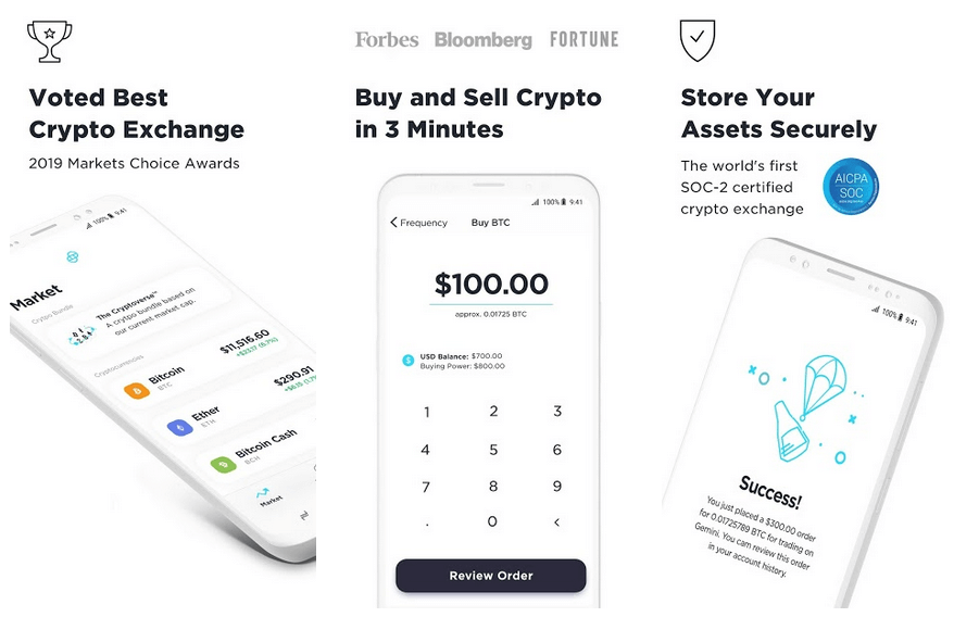 Promotional image for a Crypto Trading App, highlighting awards, a user interface for buying/selling crypto, and secure asset storage with SOC-2 certification.