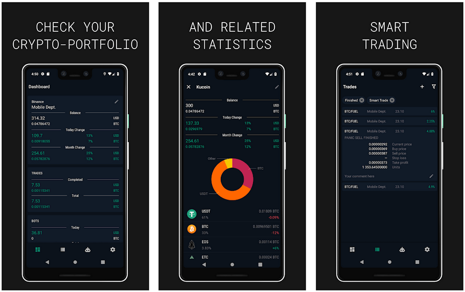 Three smartphone screens displaying a cutting-edge crypto trading app, showcasing a portfolio overview, related statistics with a pie chart, and details of recent trades.