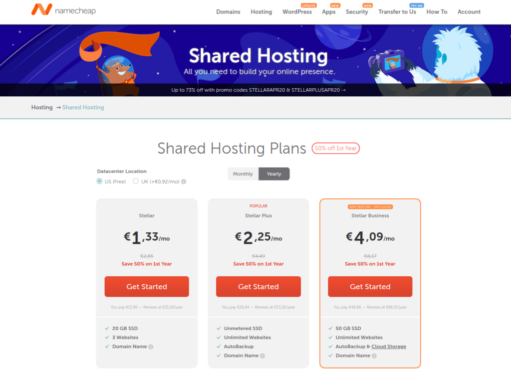 Screenshot of Namecheap's shared hosting plans with three options: Stellar, Stellar Plus, and Stellar Business, priced at €1.33, €2.25, and €4.09 per month respectively, each with various features and discounts for bitcoin web hosting enthusiasts.