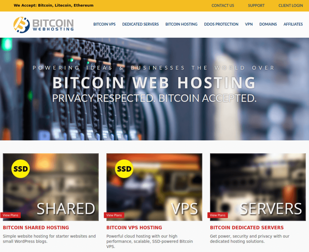 Screenshot of a Bitcoin webhosting service website. The page offers shared hosting, VPS hosting, and dedicated servers, highlighting privacy and Bitcoin acceptance. Navigation links and banner ads are visible.