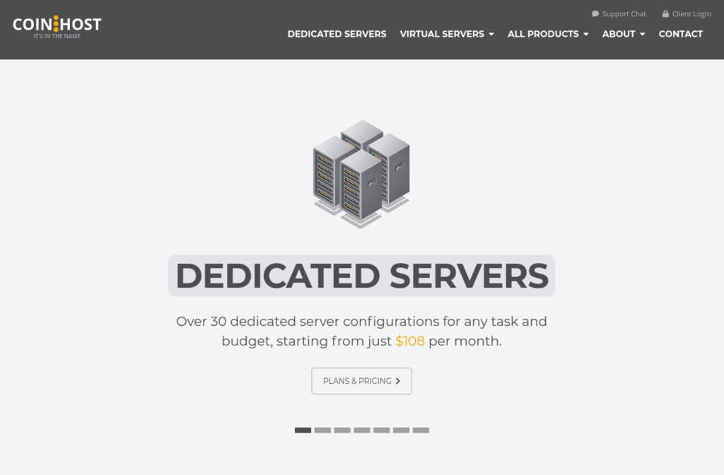 A webpage for "CoinHost" advertising dedicated servers with configurations starting at $108 per month, featuring an image of multiple servers, all optimized for bitcoin web hosting.