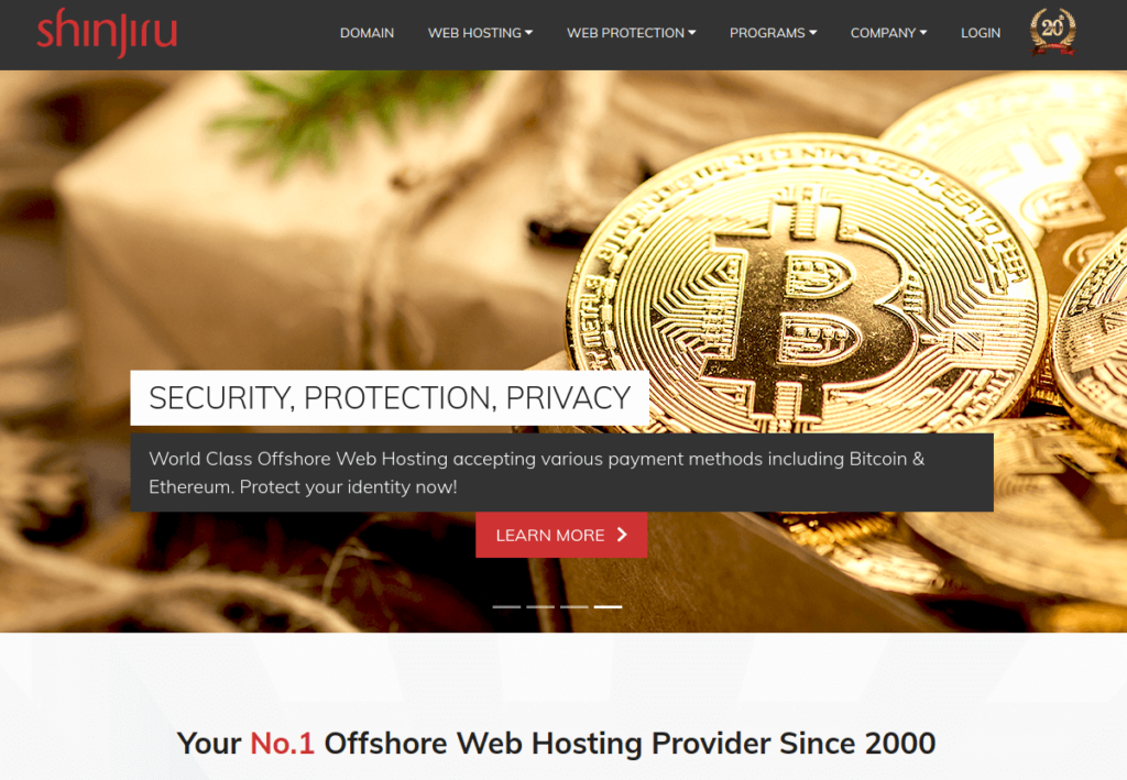 The website homepage showcases a premier bitcoin web hosting service provider. The page features a promotional banner highlighting payment options like Bitcoin and Ethereum, and emphasizes security, protection, and privacy.