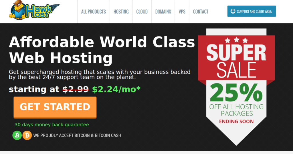 Promotional banner for HawkHost's affordable Bitcoin web hosting services with a 25% off sale. Features pricing of $2.24/month, a Get Started button, and icons for Bitcoin and Bitcoin Cash acceptance.