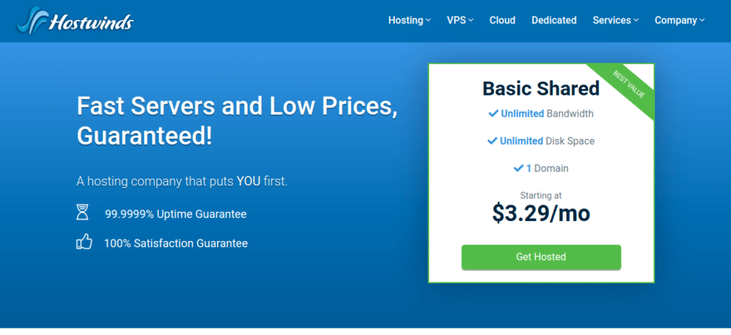         Hostwinds web hosting promotional graphic. Offers "Basic Shared" plan with unlimited bandwidth and disk space for $3.29/month, now accepting bitcoin payments. Highlights 99.9999% uptime and 100% satisfaction guarantee.