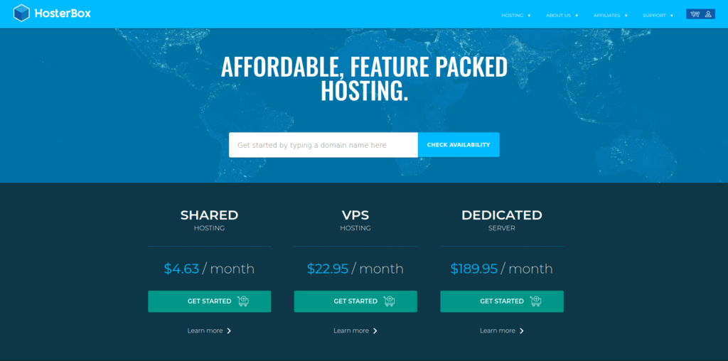 A web page for HosterBox featuring hosting plans: Shared Hosting at $4.63/month, VPS Hosting at $22.95/month, and Dedicated Server at $189.95/month. Explore options to get started or learn more about our bitcoin web hosting services.