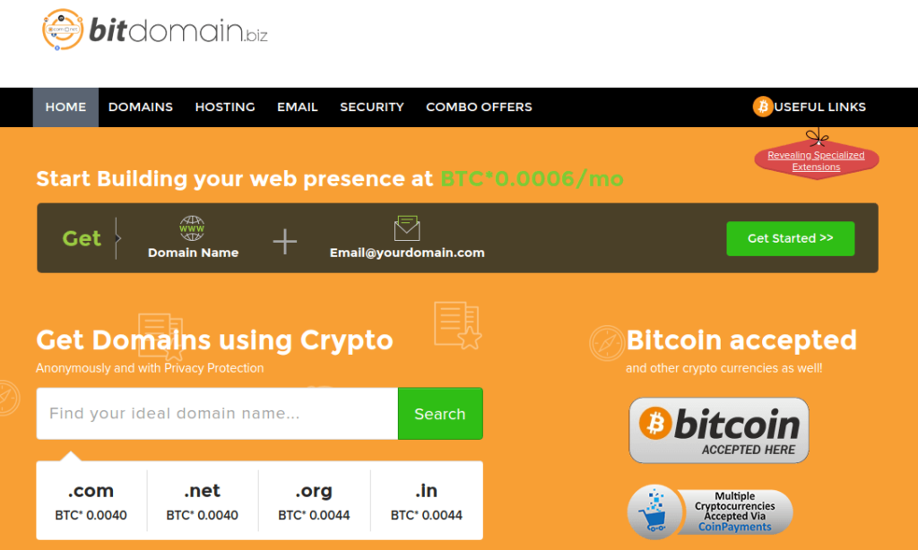 A website homepage offering domain registration services and bitcoin web hosting, with options to buy using cryptocurrency. The page features an orange banner and a "Bitcoin accepted" logo, ensuring seamless online solutions for modern users.