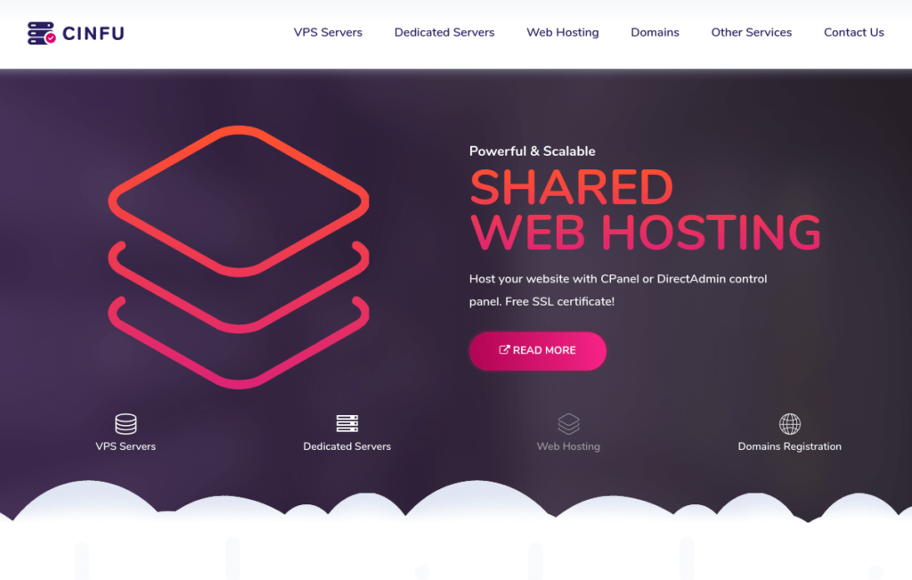 CINFU website homepage showcasing Shared Web Hosting services with additional sections for VPS Servers, Dedicated Servers, Web Hosting, Domains, Bitcoin Web Hosting, Other Services, and a Contact Us link.