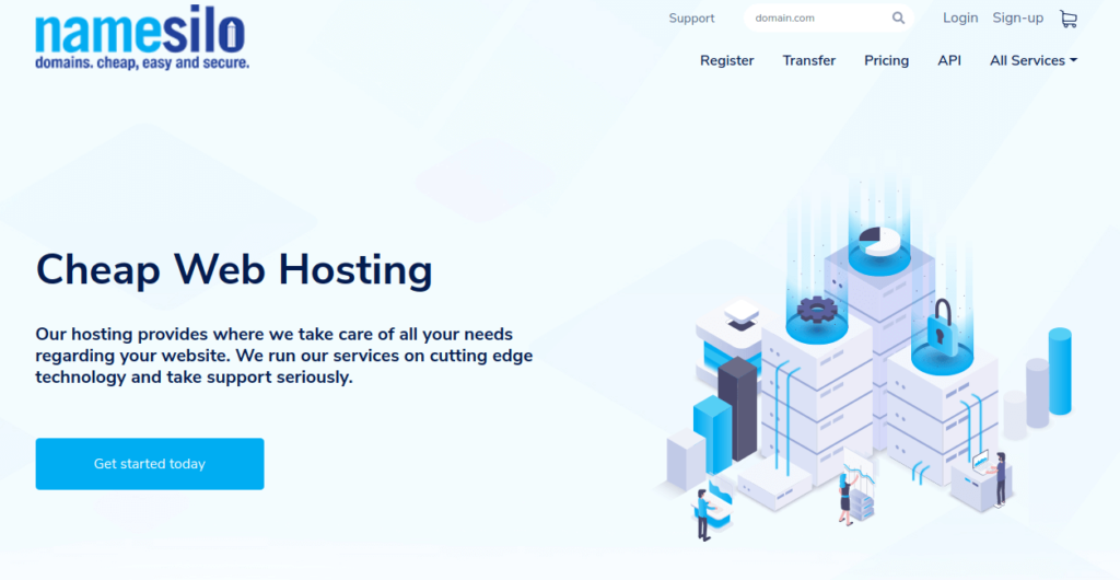 Web page promoting Namesilo's Cheap Web Hosting services, featuring Bitcoin web hosting options. Includes a "Get started today" button and menu choices like Register, Transfer, Pricing, API, and All Services.