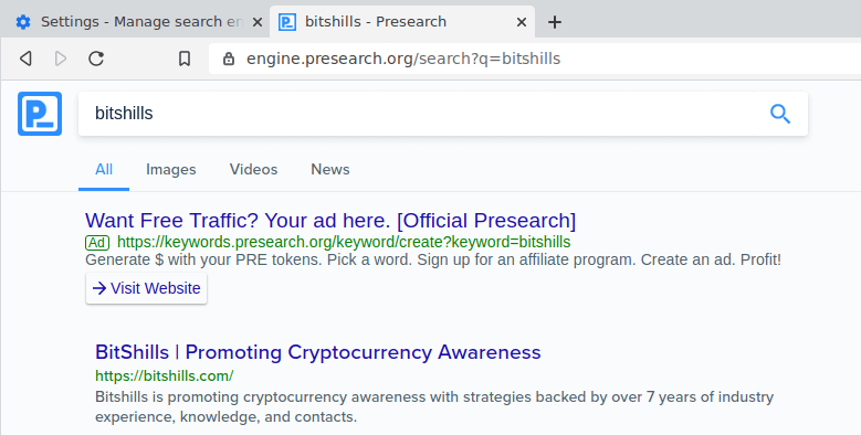 A search results page on Presearch for the keyword "bitshills," showing two results. The first is an ad for creating traffic, and the second is a result promoting cryptocurrency awareness and how you can earn crypto.