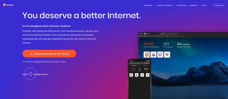 Screenshot of the Brave browser website showcasing a call to action to download Brave for Linux. The page features a phone and laptop screen with Brave's interface and statistics visible, highlighting how you can earn crypto while browsing.