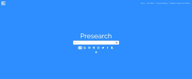 Screenshot of Presearch search engine homepage with a central search bar, several social media icons beneath it, and links for "About," "Top Tokens," "Keyword Staking," "Earn Crypto," and account registration or logging in.