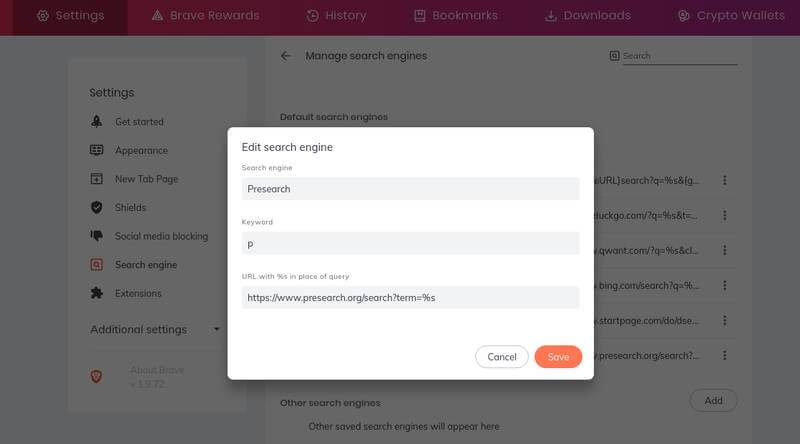 A browser window is open displaying settings for managing search engines. A pop-up titled "Edit search engine" shows fields for "Search engine," "Keyword," and "URL with %s in place of query" with filled content. It's a seamless way to customize your browsing experience while you earn crypto rewards effortlessly.