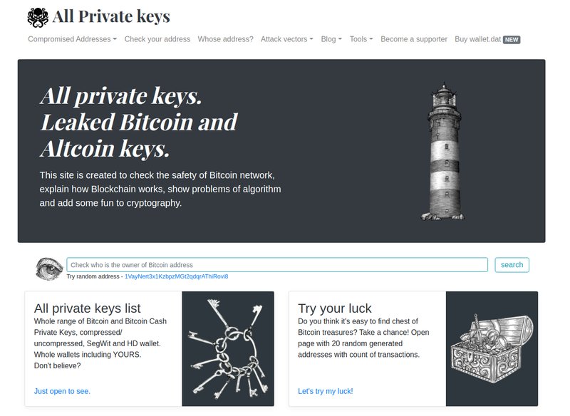 The homepage showcases a tool named "All Private Keys" with a lighthouse image on the side and sections discussing leaked Bitcoin and Altcoin keys. There are three main interactive features emphasizing Bitcoin privacy.