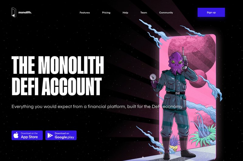 A webpage for Monolith DeFi account with a pink alien in a space suit holding a gun. Features, pricing, help, and community tabs are at the top. App Store and Google Play download buttons are displayed.