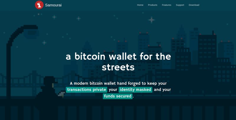 A website homepage with the title "a bitcoin wallet for the streets" and a tagline promoting secure Bitcoin privacy. The background features a cityscape graphic in dark tones, highlighting the blend of urban life and digital security.