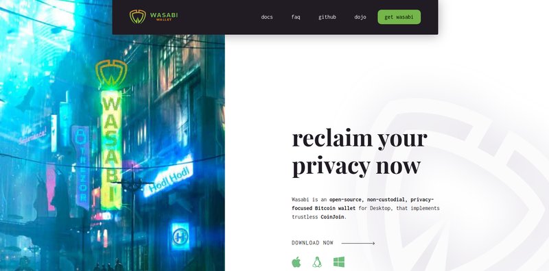 A screenshot of Wasabi Wallet's website homepage. It features a "reclaim your privacy now" slogan, information about the wallet, Bitcoin privacy solutions, download options, and a neon sign image on the left with the Wasabi logo.