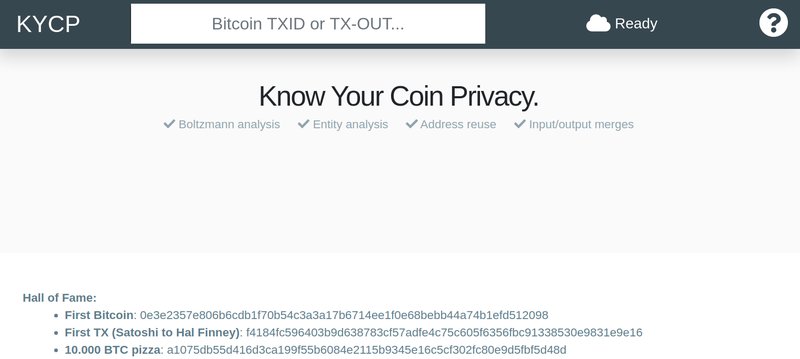 Screenshot of KYCP with a search bar for Bitcoin TXIDs. Faint text lists notable Bitcoin transactions, including the first Bitcoin transferred to Hal Finney and a 10,000 BTC pizza purchase. Emphasized is the importance of Bitcoin privacy in tracking historical transactions.