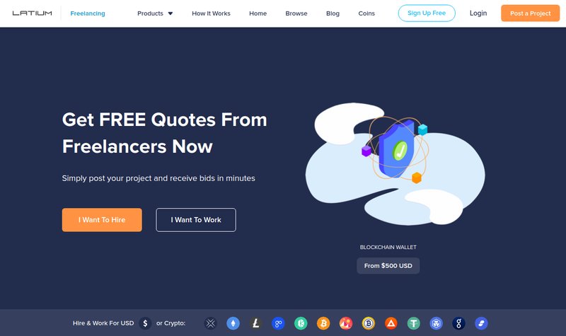Screenshot of Latium’s homepage, showcasing options for hiring freelancers or finding work, with buttons labeled "I Want To Hire" and "I Want To Work." The page also advertises blockchain wallet services and highlights the use of cryptocurrency in freelance opportunities.