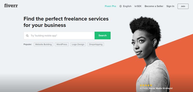 Fiverr homepage displays a search bar for freelance services, featuring categories like "Website Building," "WordPress," and "Cryptocurrency." A sidebar image shows a person labeled "Michelle - Social Media Strategist.