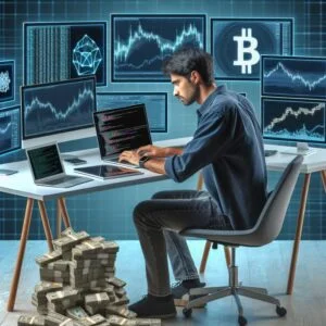 A cryptocurrency freelancer sits at a desk with multiple screens displaying cryptocurrency data and code. A large stack of cash is on the floor beside him.