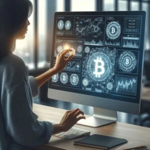 A person interacts with cryptocurrency data on a computer screen displaying various charts, including a prominent Bitcoin symbol and options for recurring Bitcoin purchases.