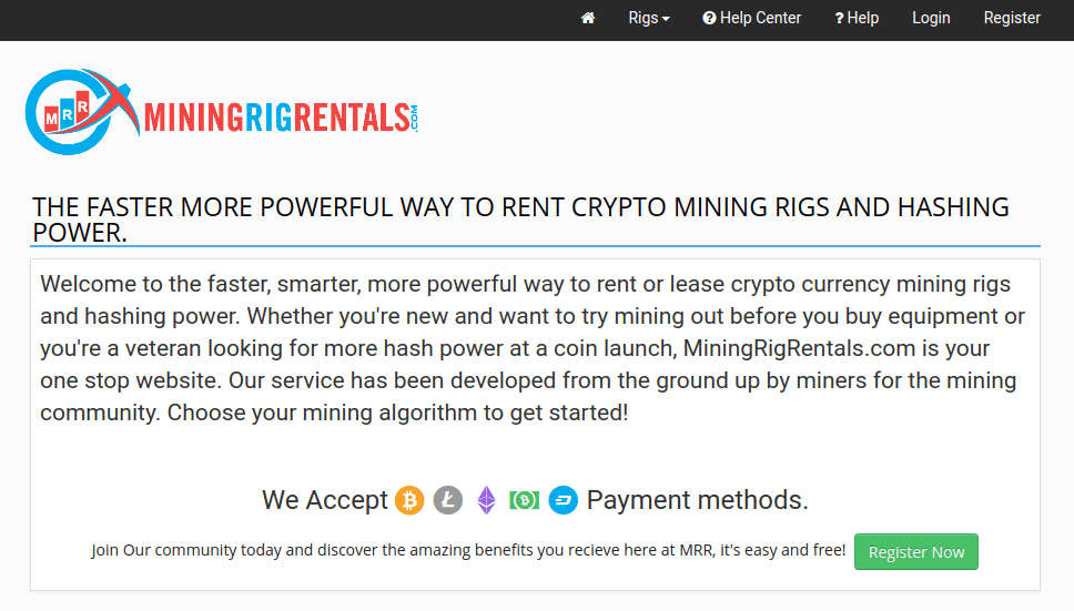 Screenshot of the MiningRigRentals homepage displaying a banner about renting cryptocurrency mining rigs. The page details the benefits, accepted payment methods, and offers an easy way to rent hash power with a prominent "Register Now" button.