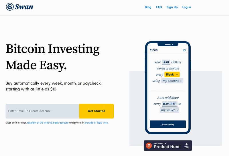         Screenshot of the Swan Bitcoin investment platform. The interface offers options for recurring Bitcoin purchases and savings. Call-to-action button reads "Get Started" for creating an account by entering an email.