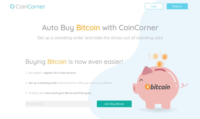 A webpage from CoinCorner advertising an automated Bitcoin purchasing service, depicting a piggy bank with Bitcoin symbols. The page includes options to register or log in and fields to set buying preferences for recurring Bitcoin purchases.