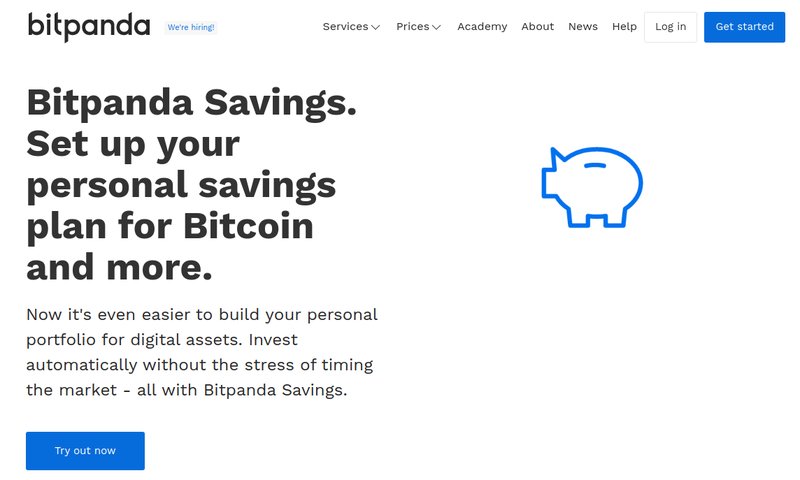 A Bitpanda webpage promoting Bitpanda Savings for personal savings plans in Bitcoin and other digital assets, featuring a cartoon piggy bank icon and a "Try out now" button. Enjoy seamless recurring Bitcoin purchases to grow your savings effortlessly.