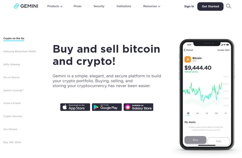 The Gemini website promotes its app for buying and selling bitcoin and other cryptocurrencies, featuring recurring Bitcoin purchases. The intuitive interface is displayed on a smartphone, with convenient links to download the app from various app stores.