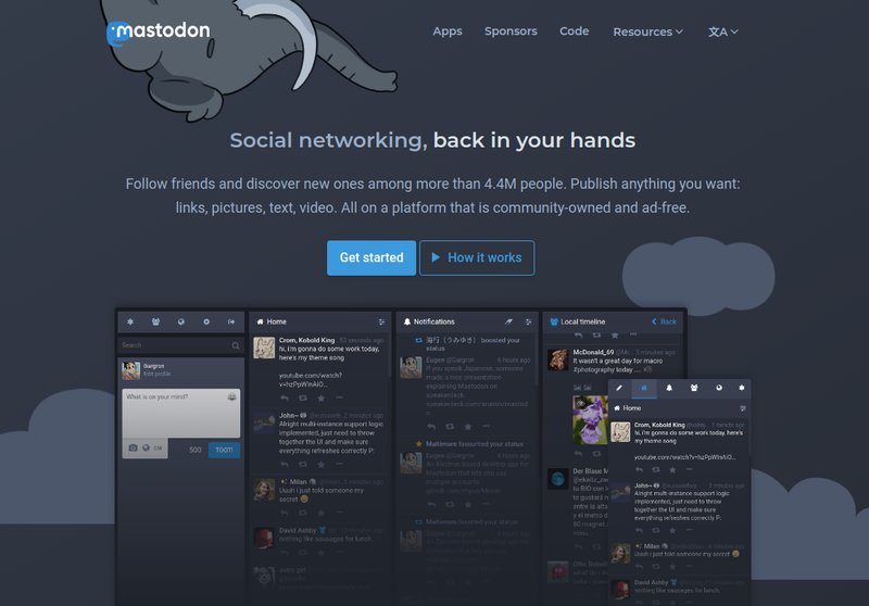 Screenshot of Mastodon's homepage with the tagline "Social networking, back in your hands." Known as one of the best decentralized social media networks, the page showcases features like notifications, home timeline, and local timeline. Options to get started or view how it works are present.