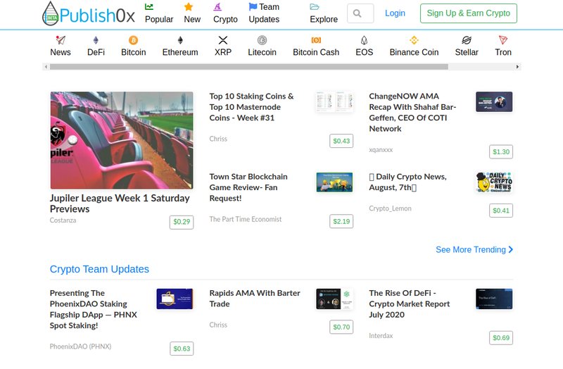 A screenshot of the Publish0x website displaying various cryptocurrency-related articles and updates, with sections for new crypto, daily crypto news, and crypto team updates, highlighting some of the best decentralized social media networks.